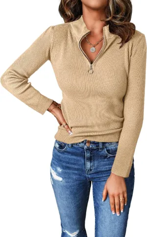 PRETTYGARDEN Fall Quarter Zip Pullover Sweaters for Women 2025 Long Sleeve Collared Fitted Ribbed Knit Tops
