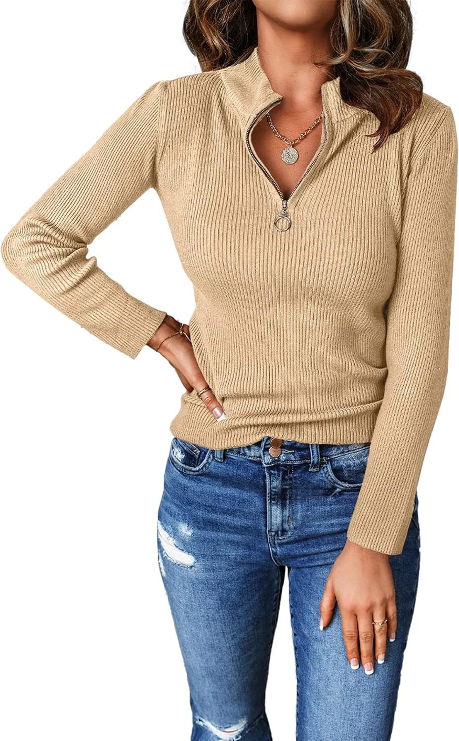 PRETTYGARDEN Fall Quarter Zip Pullover Sweaters for Women 2025 Long Sleeve Collared Fitted Ribbed Knit Tops