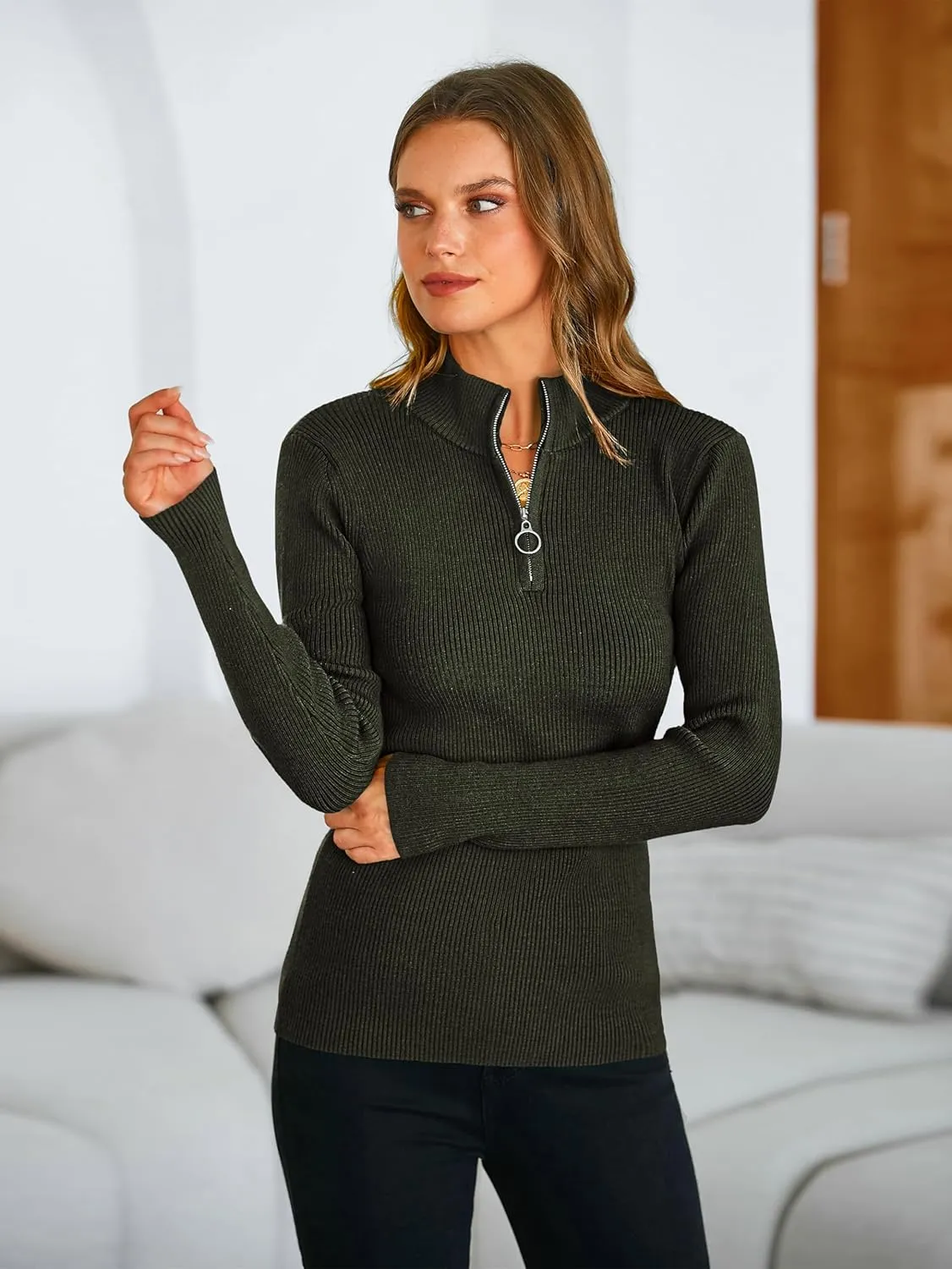 PRETTYGARDEN Fall Quarter Zip Pullover Sweaters for Women 2025 Long Sleeve Collared Fitted Ribbed Knit Tops