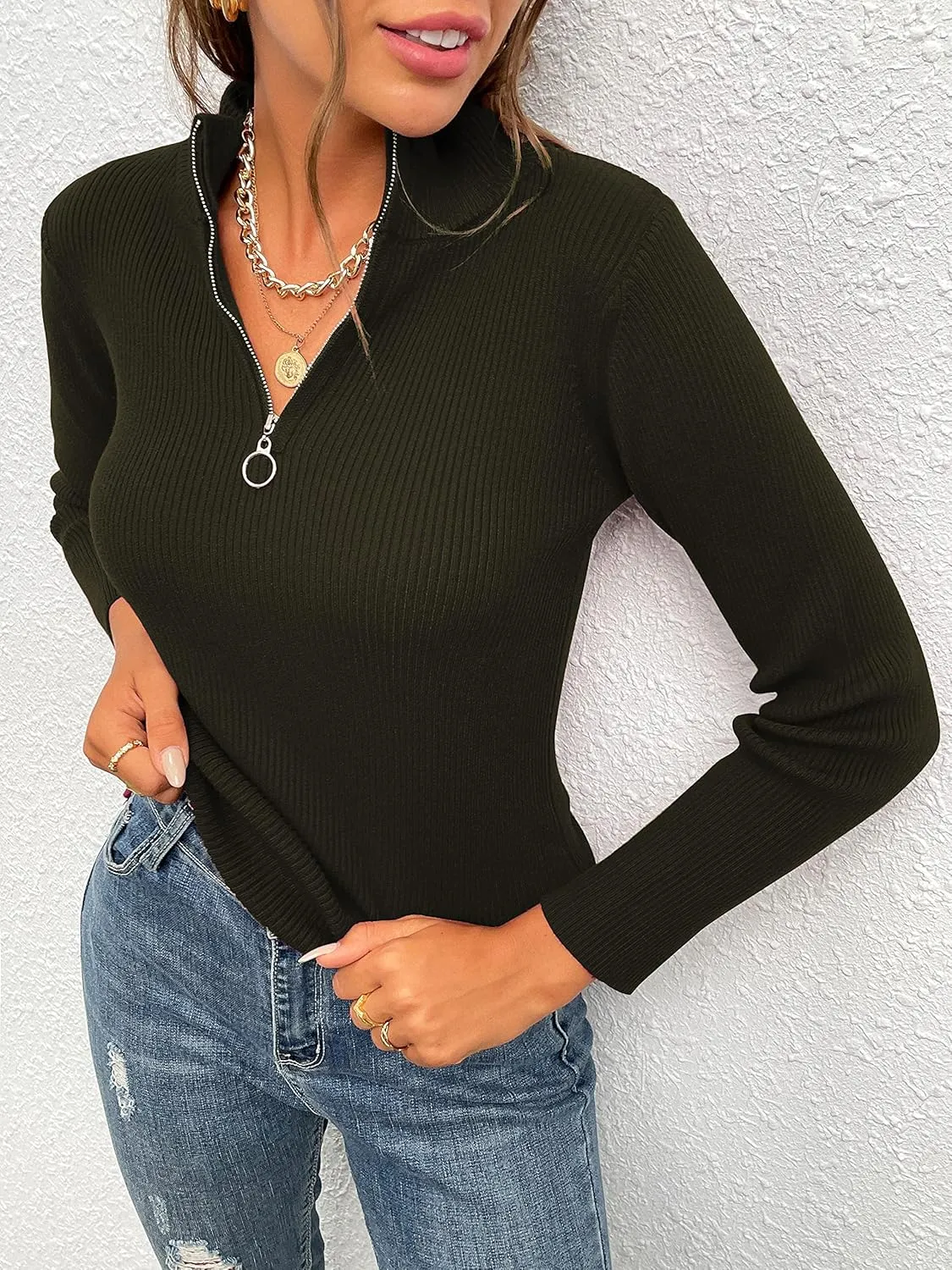 PRETTYGARDEN Fall Quarter Zip Pullover Sweaters for Women 2025 Long Sleeve Collared Fitted Ribbed Knit Tops