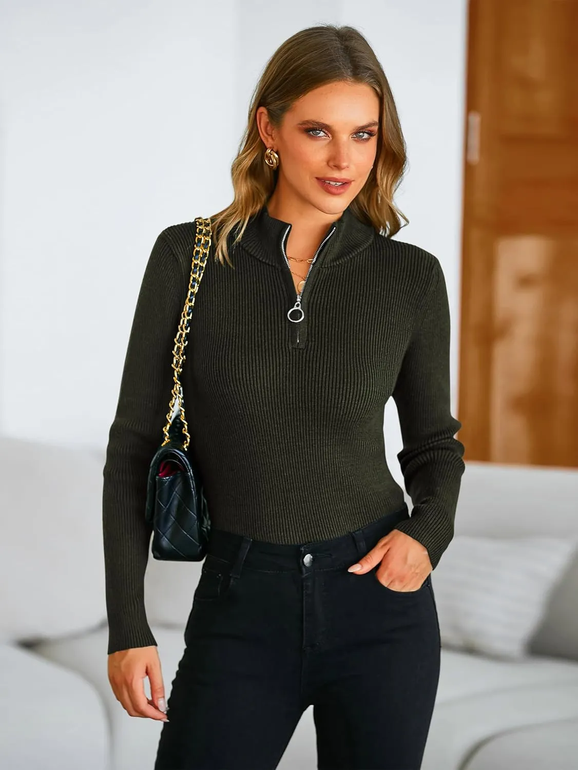 PRETTYGARDEN Fall Quarter Zip Pullover Sweaters for Women 2025 Long Sleeve Collared Fitted Ribbed Knit Tops
