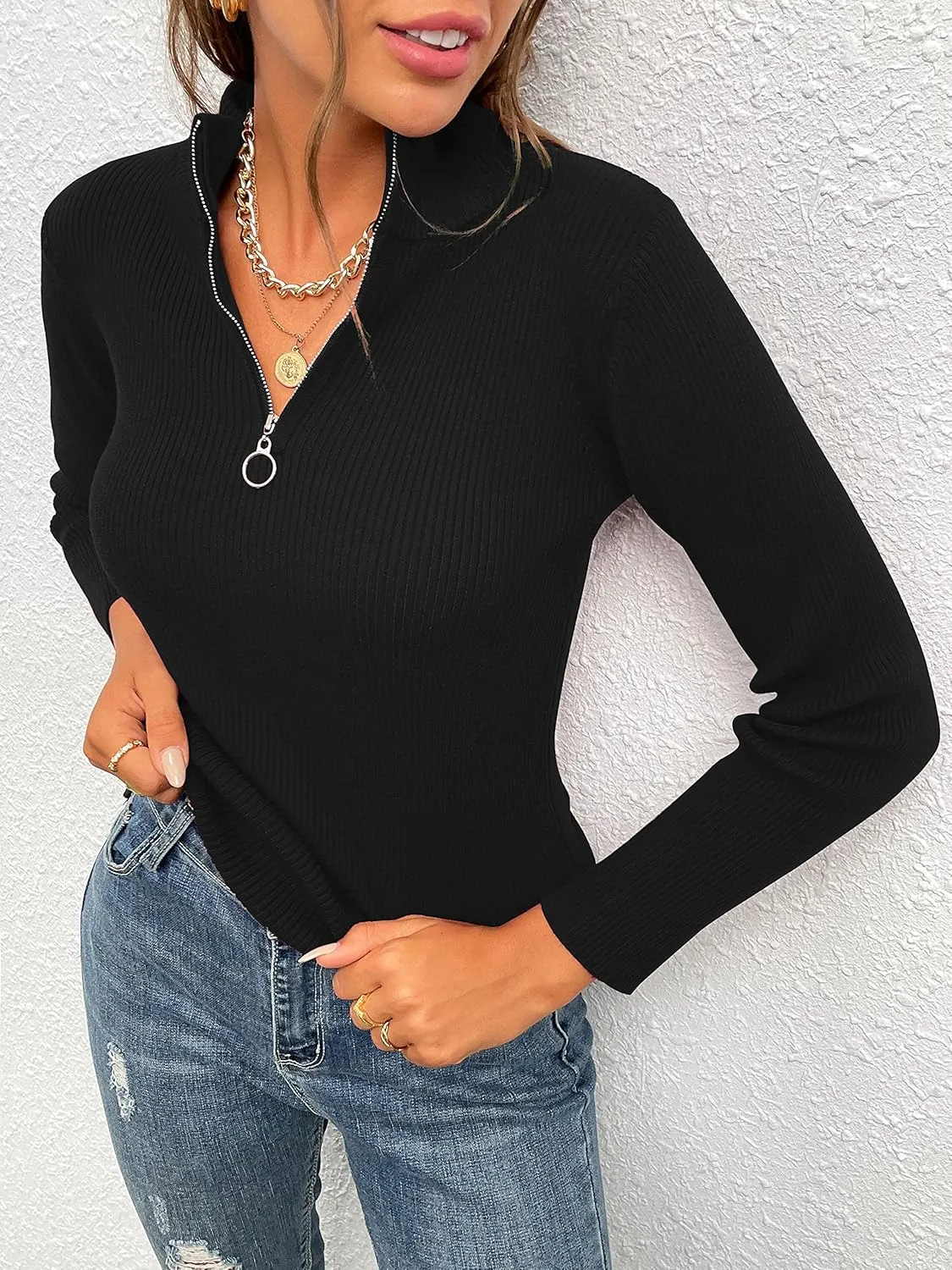 PRETTYGARDEN Fall Quarter Zip Pullover Sweaters for Women 2025 Long Sleeve Collared Fitted Ribbed Knit Tops