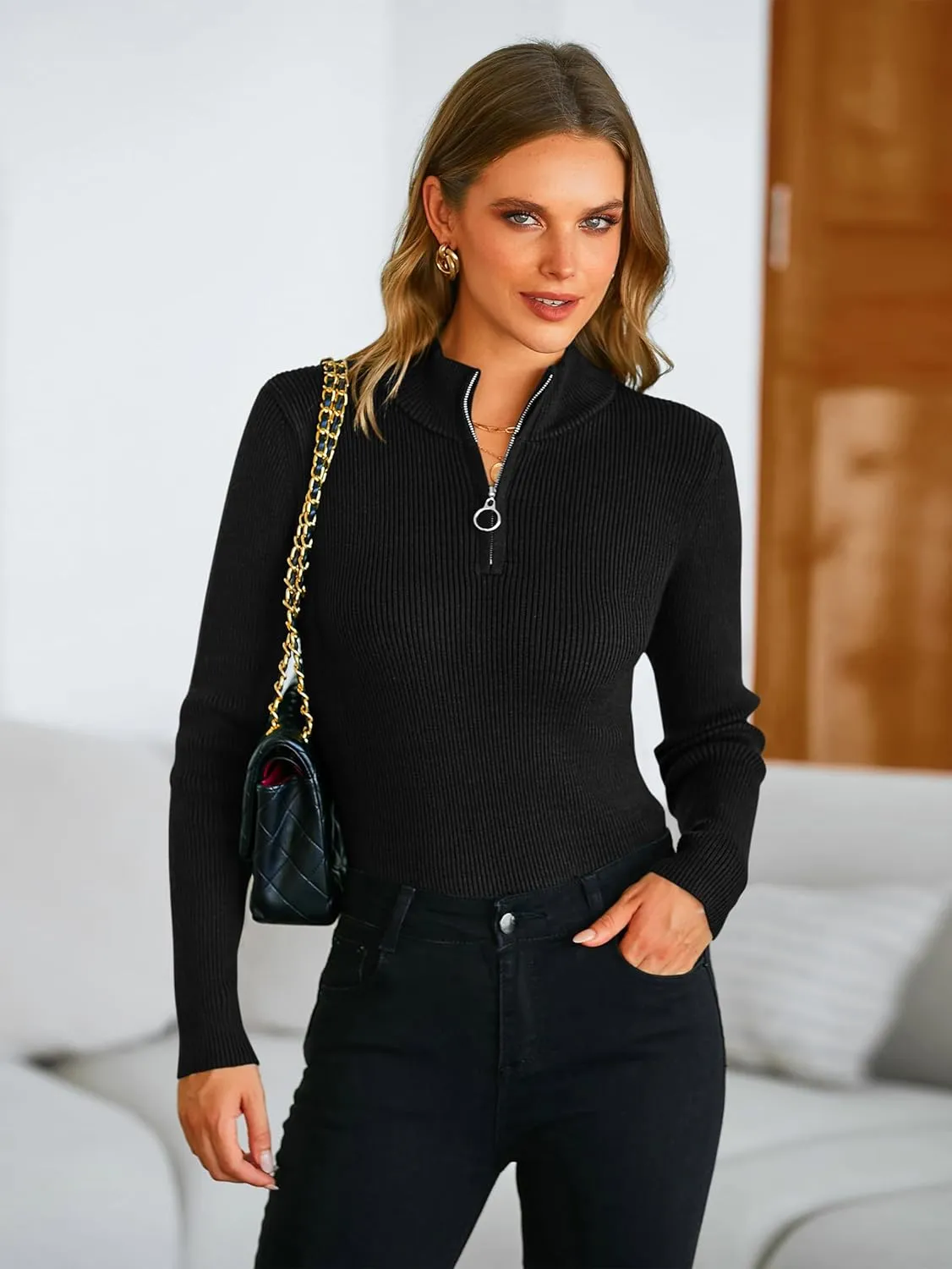 PRETTYGARDEN Fall Quarter Zip Pullover Sweaters for Women 2025 Long Sleeve Collared Fitted Ribbed Knit Tops