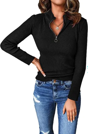 PRETTYGARDEN Fall Quarter Zip Pullover Sweaters for Women 2025 Long Sleeve Collared Fitted Ribbed Knit Tops