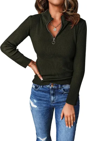 PRETTYGARDEN Fall Quarter Zip Pullover Sweaters for Women 2025 Long Sleeve Collared Fitted Ribbed Knit Tops