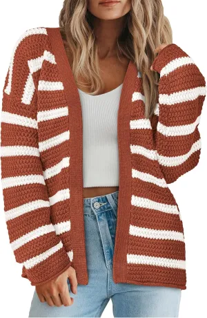 PRETTYGARDEN Women's 2024 Fall Striped Open Front Cardigan Sweaters Chunky Knit Long Sleeve Loose Trendy Winter Cardigans