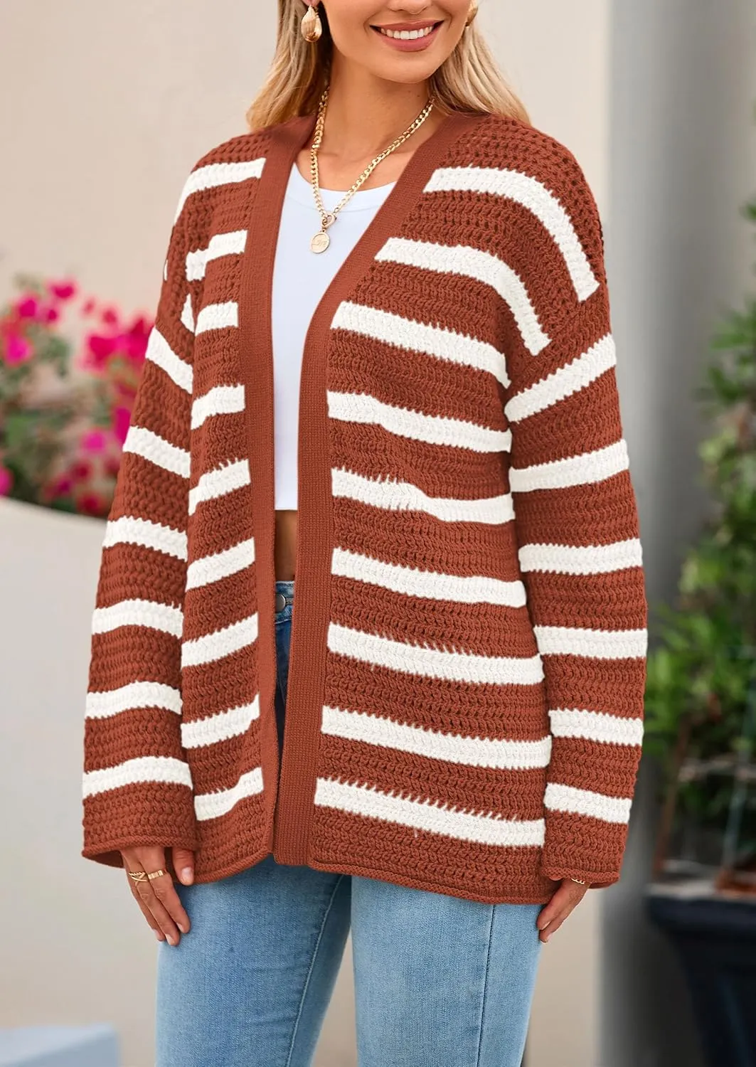 PRETTYGARDEN Women's 2024 Fall Striped Open Front Cardigan Sweaters Chunky Knit Long Sleeve Loose Trendy Winter Cardigans