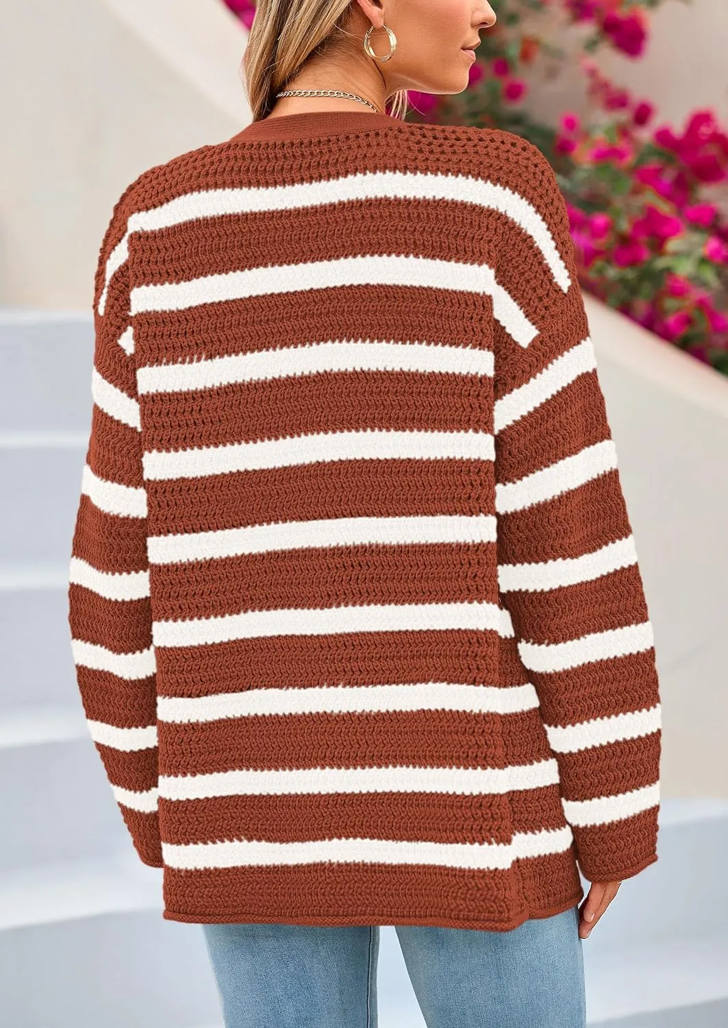 PRETTYGARDEN Women's 2024 Fall Striped Open Front Cardigan Sweaters Chunky Knit Long Sleeve Loose Trendy Winter Cardigans