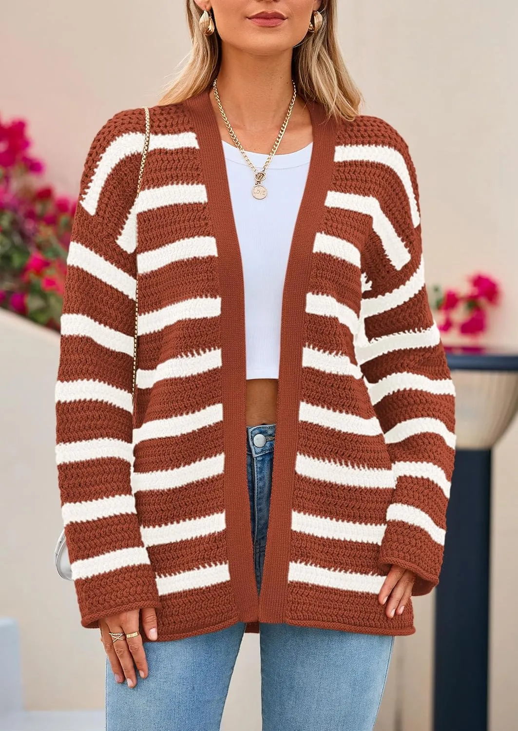 PRETTYGARDEN Women's 2024 Fall Striped Open Front Cardigan Sweaters Chunky Knit Long Sleeve Loose Trendy Winter Cardigans