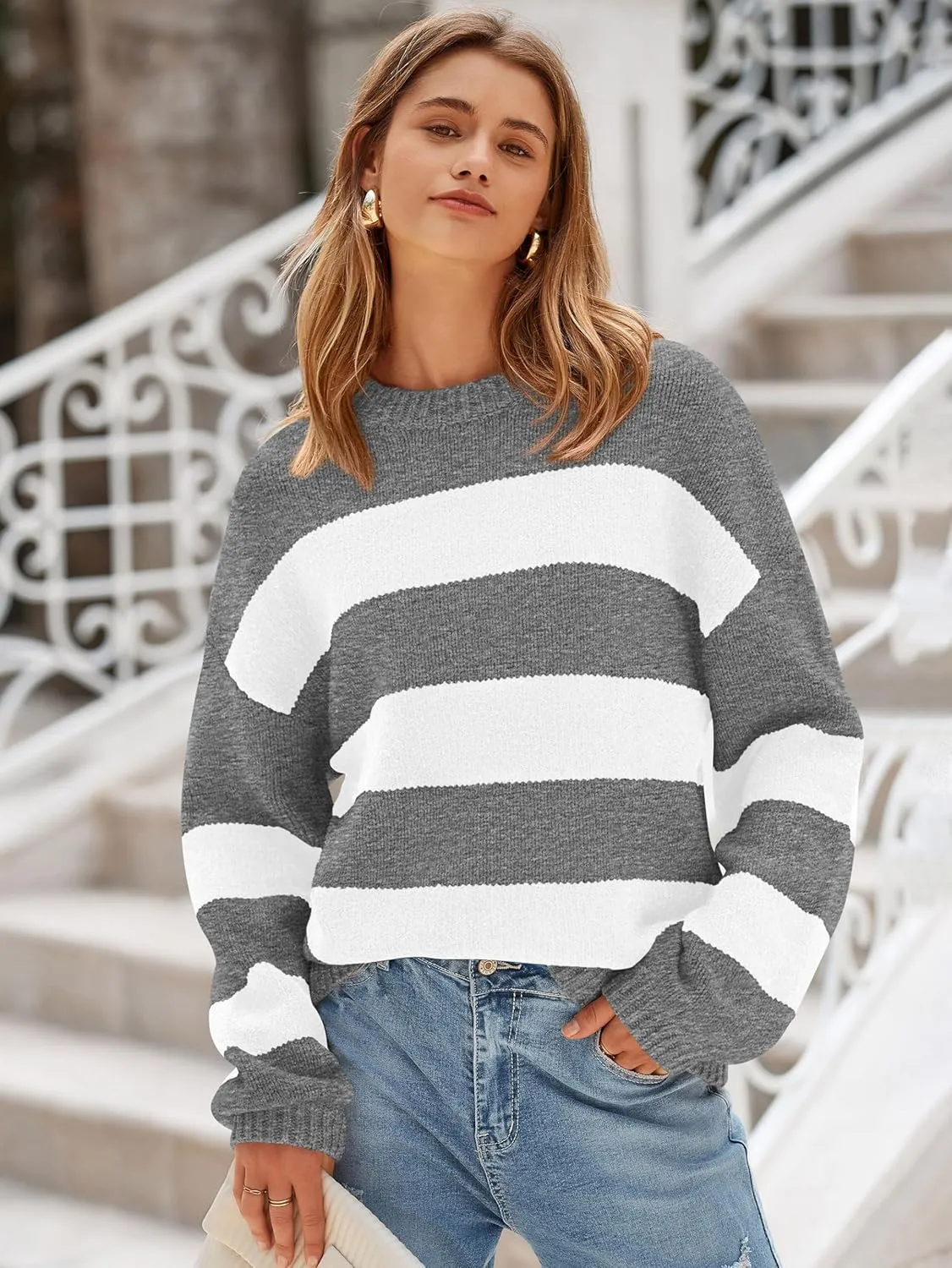 PRETTYGARDEN Womens 2024 Oversized Lantern Long Sleeve Striped Sweaters Fall Casual Crewneck Loose Chunky Knit Pullover Tops
