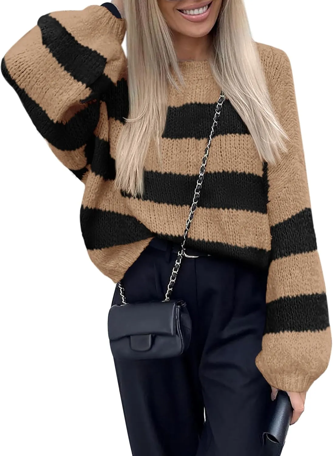 PRETTYGARDEN Womens 2024 Oversized Lantern Long Sleeve Striped Sweaters Fall Casual Crewneck Loose Chunky Knit Pullover Tops