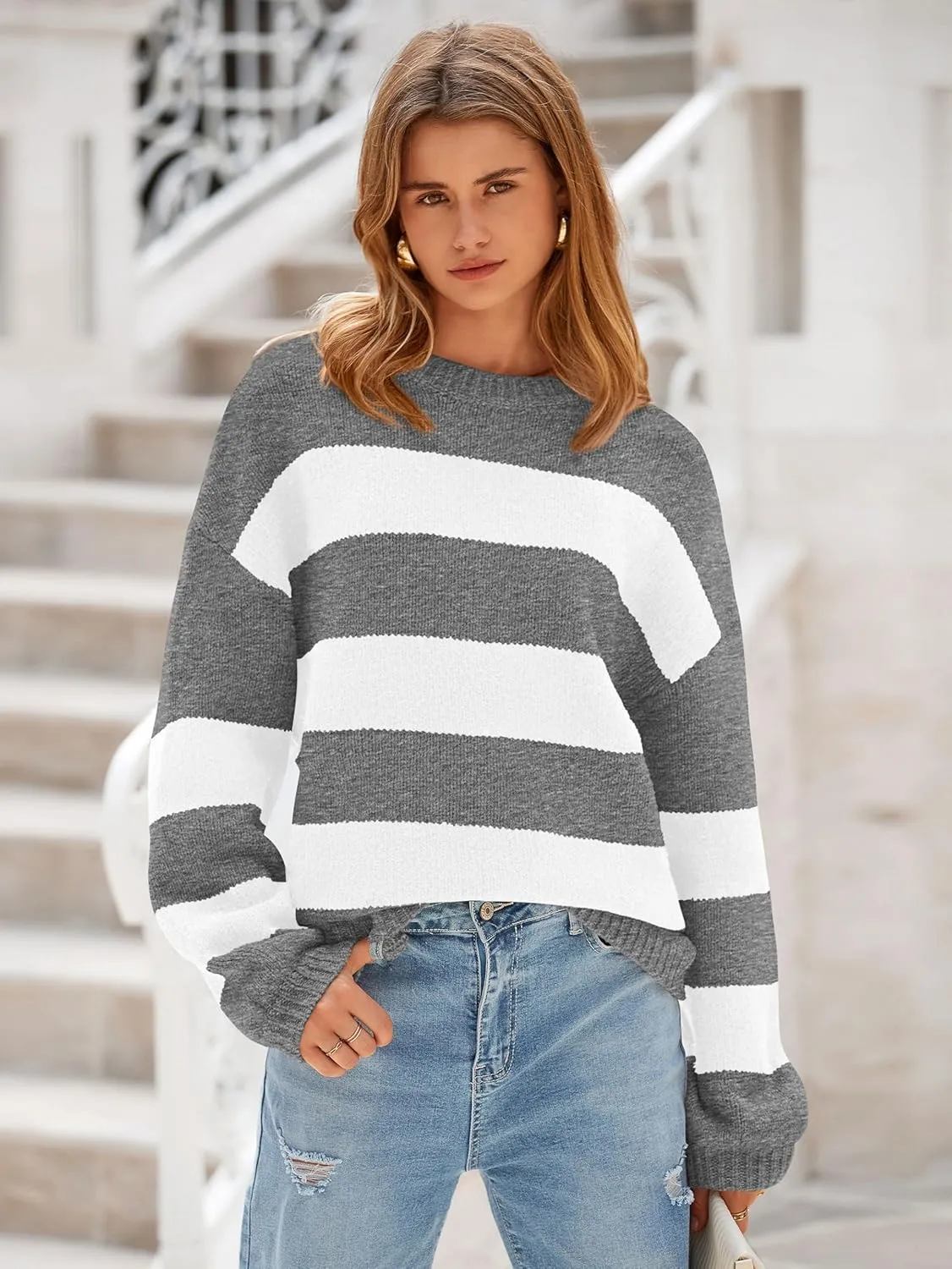 PRETTYGARDEN Womens 2024 Oversized Lantern Long Sleeve Striped Sweaters Fall Casual Crewneck Loose Chunky Knit Pullover Tops