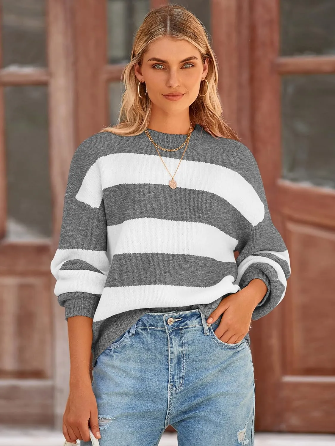 PRETTYGARDEN Womens 2024 Oversized Lantern Long Sleeve Striped Sweaters Fall Casual Crewneck Loose Chunky Knit Pullover Tops