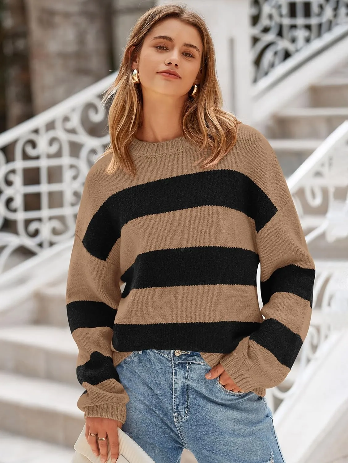 PRETTYGARDEN Womens 2024 Oversized Lantern Long Sleeve Striped Sweaters Fall Casual Crewneck Loose Chunky Knit Pullover Tops