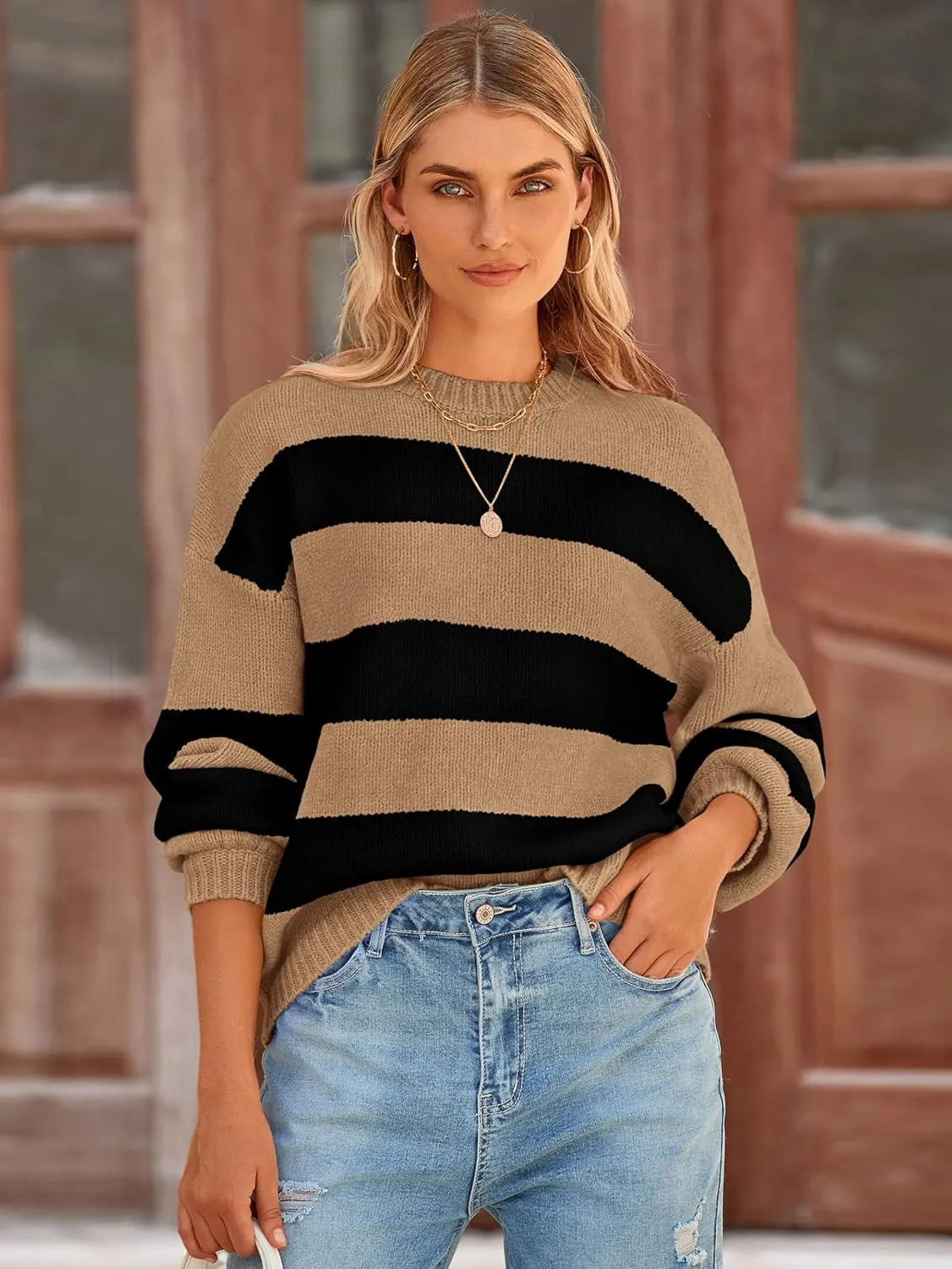 PRETTYGARDEN Womens 2024 Oversized Lantern Long Sleeve Striped Sweaters Fall Casual Crewneck Loose Chunky Knit Pullover Tops