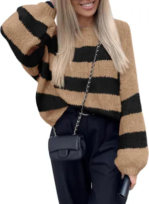 PRETTYGARDEN Womens 2024 Oversized Lantern Long Sleeve Striped Sweaters Fall Casual Crewneck Loose Chunky Knit Pullover Tops