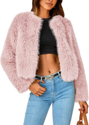 PRETTYGARDEN Women's 2025 Winter Coats Fleece Cropped Jacket Faux Fur Long Sleeve Pockets Shaggy Warm Outerwear Fall Clothes