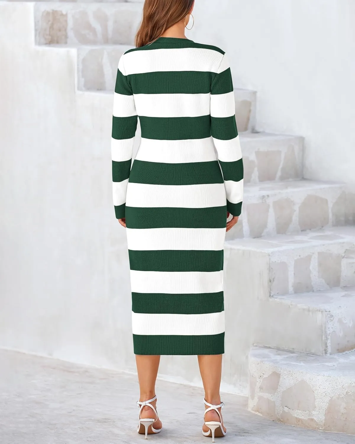 PRETTYGARDEN Women's Dresses 2025 Fall Long Sleeve V Neck Button Down Ribbed Knit Stripes Bodycon Midi Sweater Dress