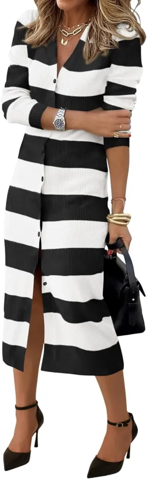 PRETTYGARDEN Women's Dresses 2025 Fall Long Sleeve V Neck Button Down Ribbed Knit Stripes Bodycon Midi Sweater Dress