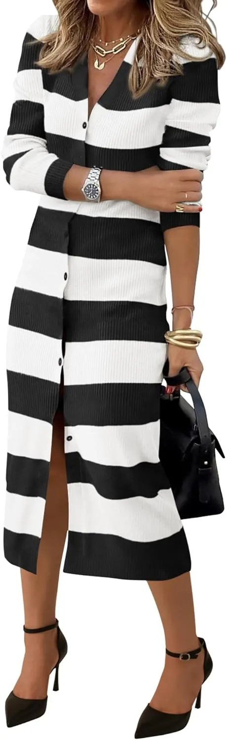 PRETTYGARDEN Women's Dresses 2025 Fall Long Sleeve V Neck Button Down Ribbed Knit Stripes Bodycon Midi Sweater Dress