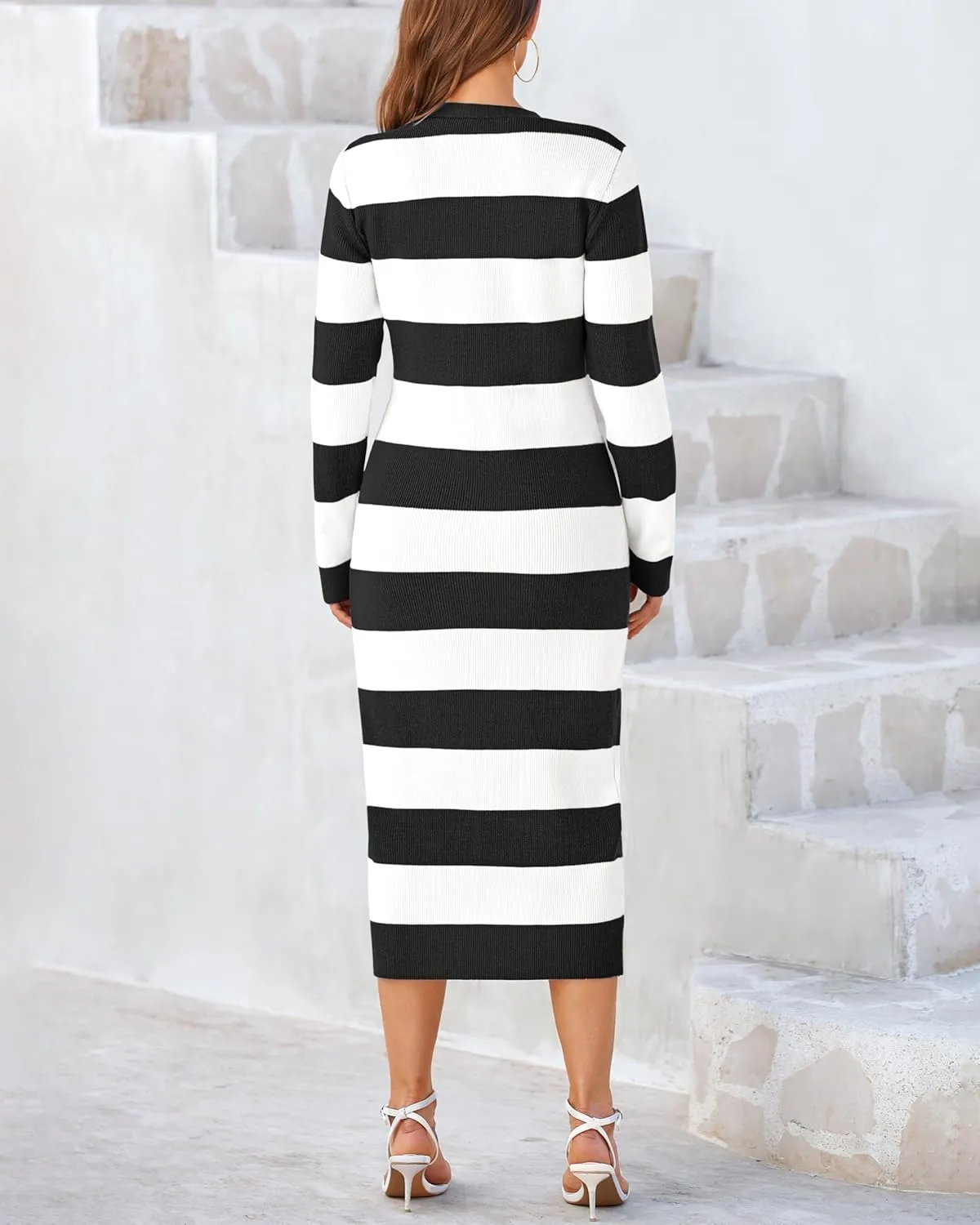 PRETTYGARDEN Women's Dresses 2025 Fall Long Sleeve V Neck Button Down Ribbed Knit Stripes Bodycon Midi Sweater Dress