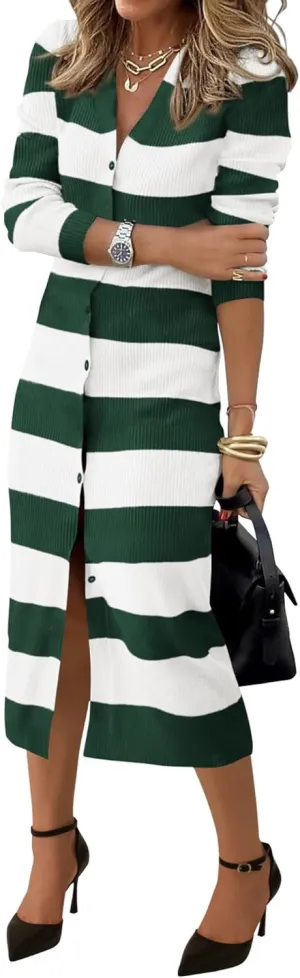 PRETTYGARDEN Women's Dresses 2025 Fall Long Sleeve V Neck Button Down Ribbed Knit Stripes Bodycon Midi Sweater Dress