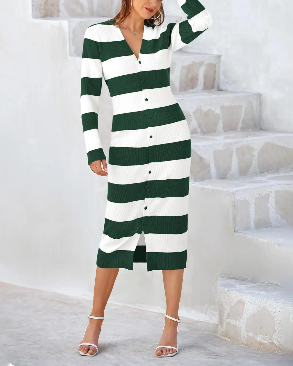 PRETTYGARDEN Women's Dresses 2025 Fall Long Sleeve V Neck Button Down Ribbed Knit Stripes Bodycon Midi Sweater Dress