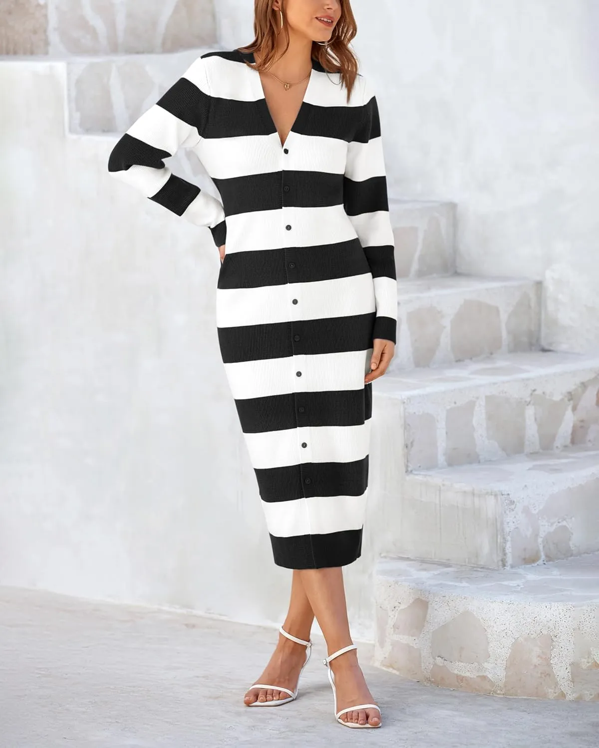 PRETTYGARDEN Women's Dresses 2025 Fall Long Sleeve V Neck Button Down Ribbed Knit Stripes Bodycon Midi Sweater Dress