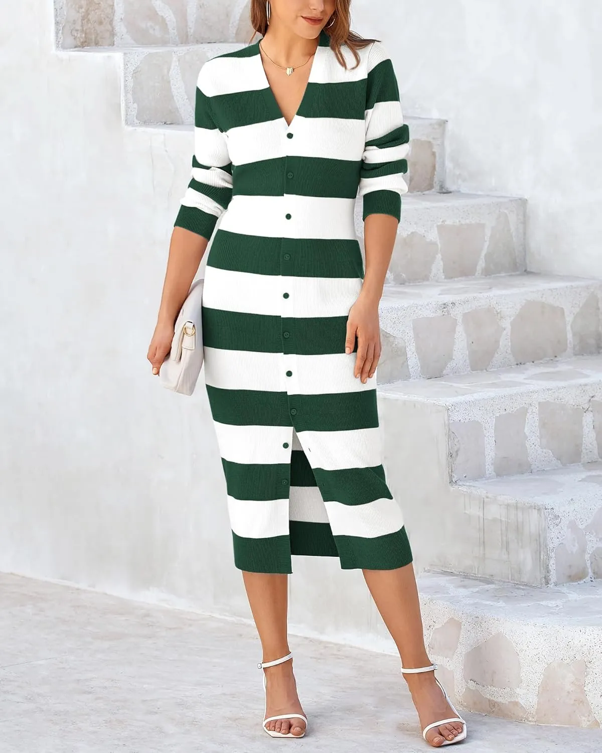 PRETTYGARDEN Women's Dresses 2025 Fall Long Sleeve V Neck Button Down Ribbed Knit Stripes Bodycon Midi Sweater Dress