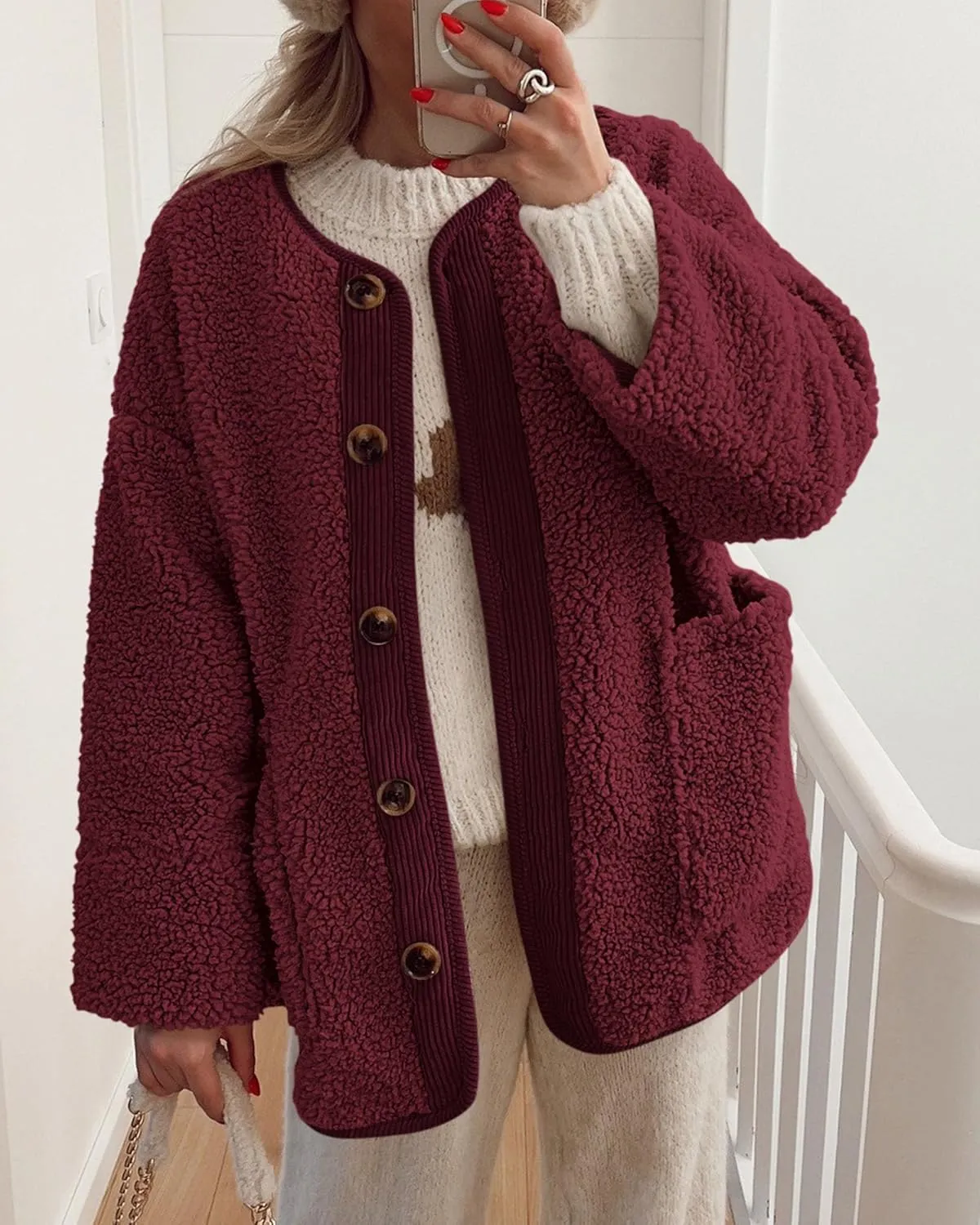 PRETTYGARDEN Women's Warm Winter Coats Casual Long Sleeve Button up Fuzzy Sherpa Fleece Jackets Outerwear