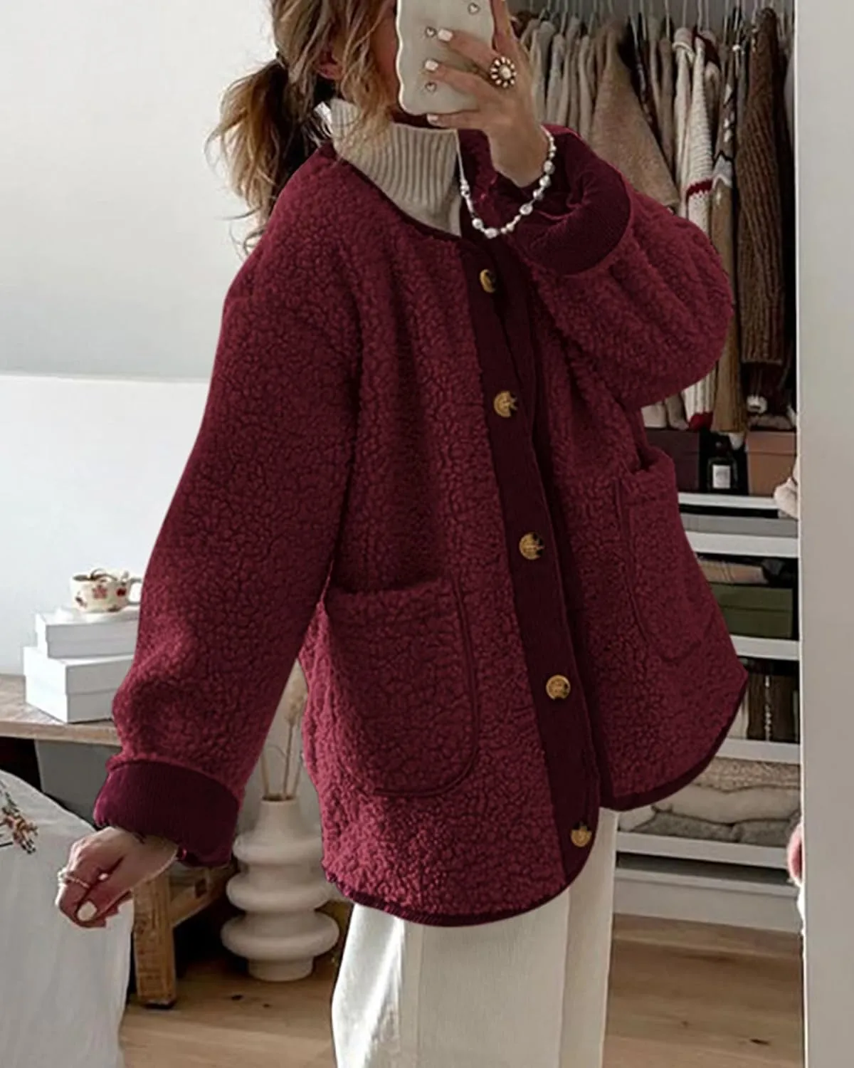 PRETTYGARDEN Women's Warm Winter Coats Casual Long Sleeve Button up Fuzzy Sherpa Fleece Jackets Outerwear