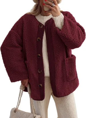 PRETTYGARDEN Women's Warm Winter Coats Casual Long Sleeve Button up Fuzzy Sherpa Fleece Jackets Outerwear