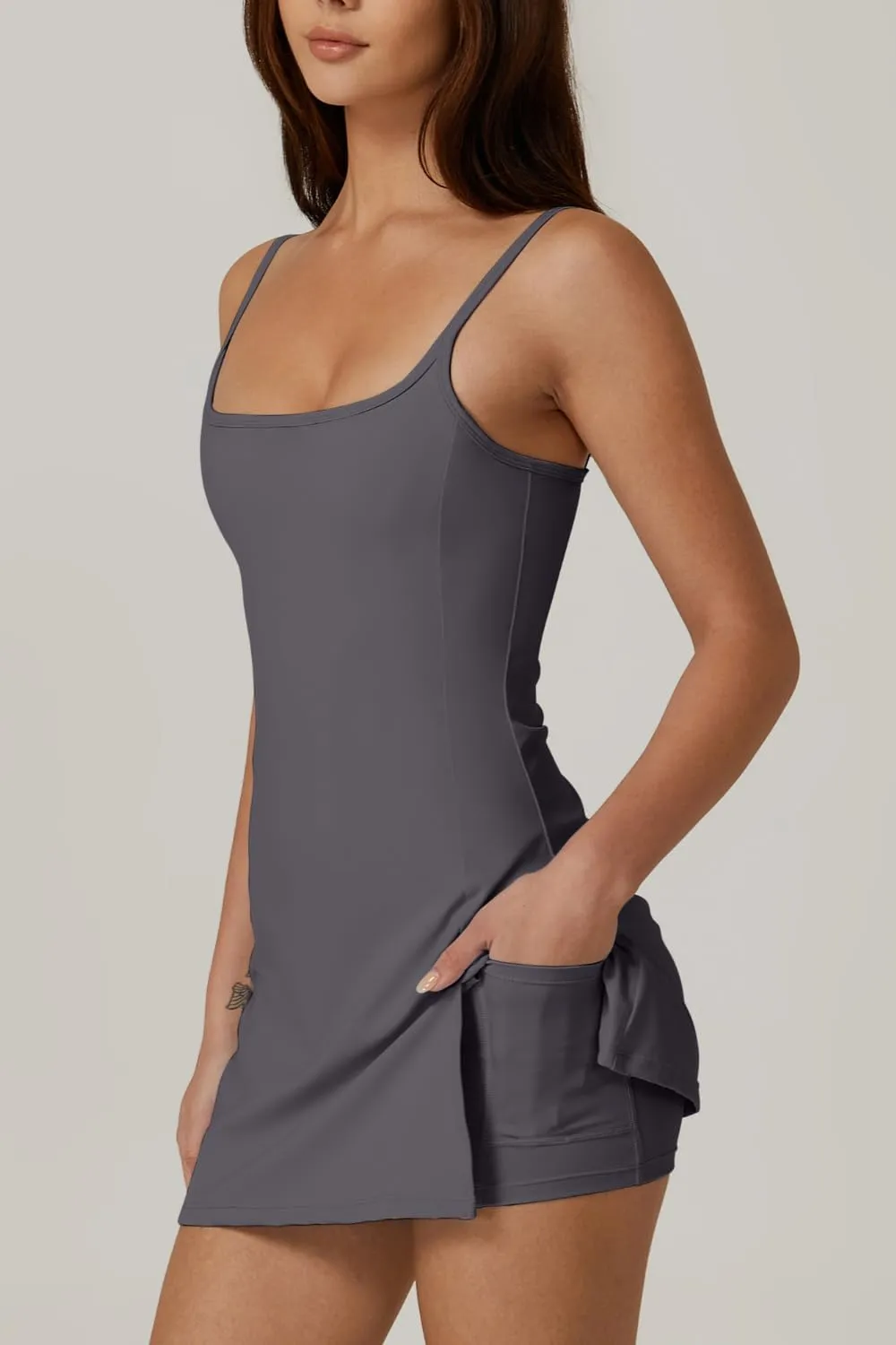 QINSEN Womens Spaghetti Strap Tennis Dress with Shorts Workout Side Slit Active Golf Dresses
