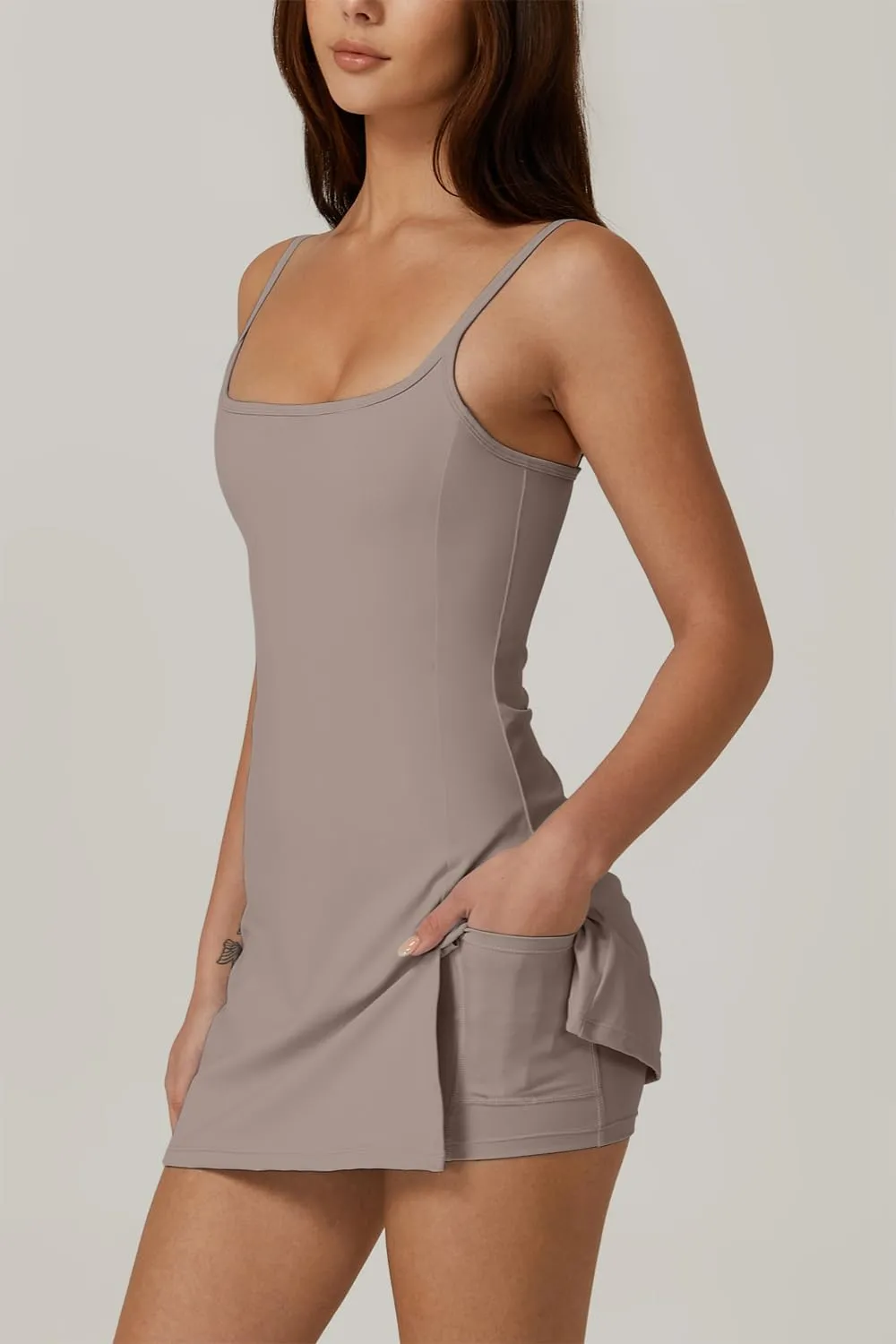 QINSEN Womens Spaghetti Strap Tennis Dress with Shorts Workout Side Slit Active Golf Dresses