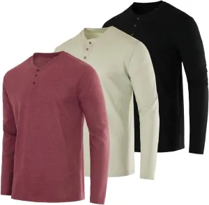 Real Essentials 3 Pack: Men's Cotton Short & Long Sleeve Henley T-Shirt Performance Activewear (Available in Big & Tall)