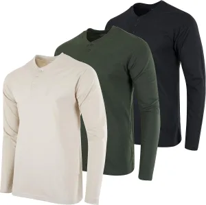 Real Essentials 3 Pack: Men's Cotton Short & Long Sleeve Henley T-Shirt Performance Activewear (Available in Big & Tall)