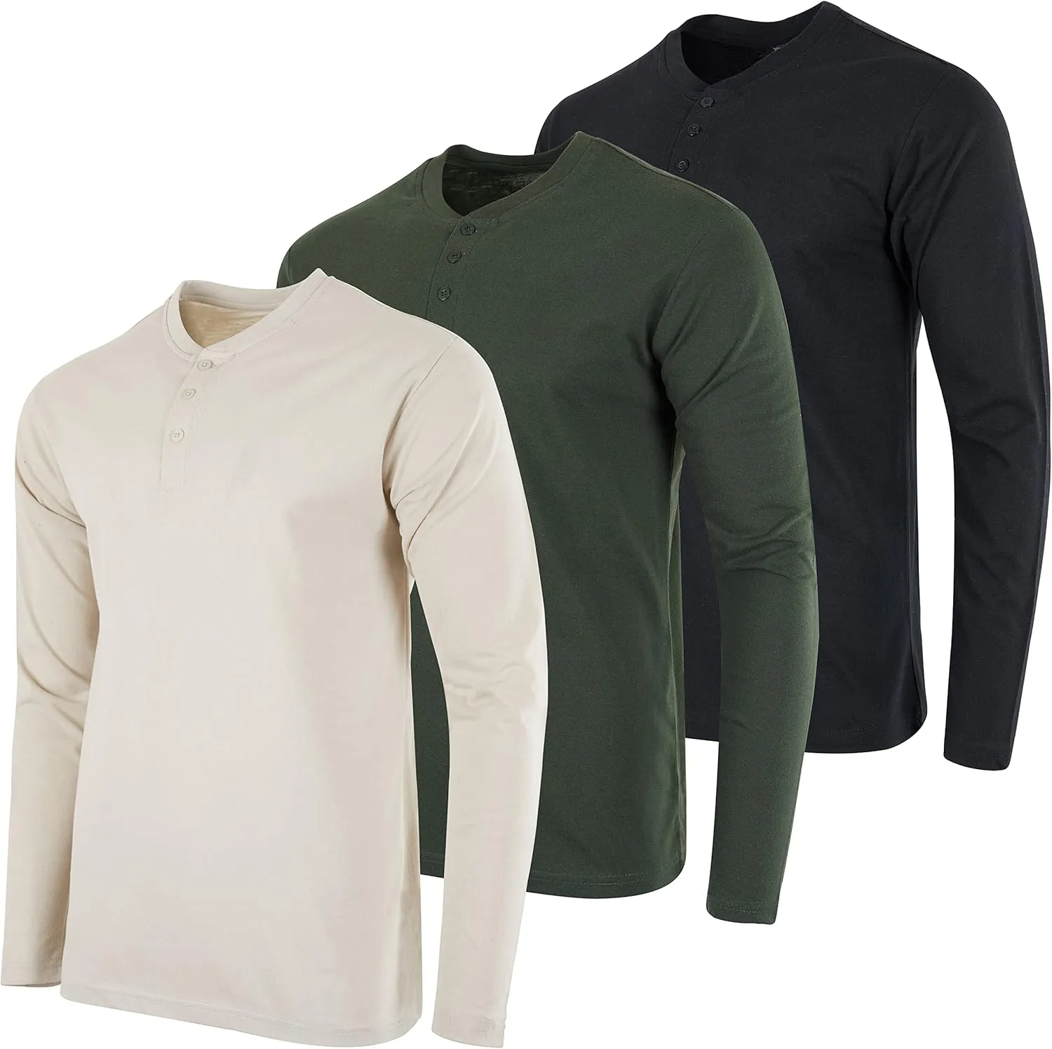 Real Essentials 3 Pack: Men's Cotton Short & Long Sleeve Henley T-Shirt Performance Activewear (Available in Big & Tall)