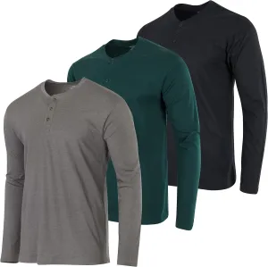 Real Essentials 3 Pack: Men's Cotton Short & Long Sleeve Henley T-Shirt Performance Activewear (Available in Big & Tall)