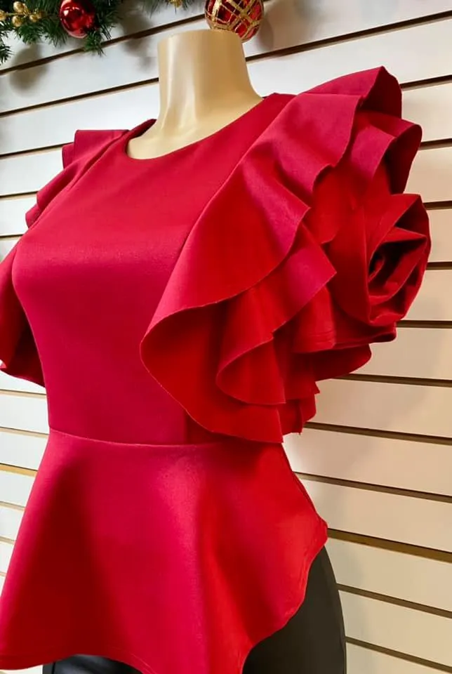 Red Ruffled Short Sleeve Top