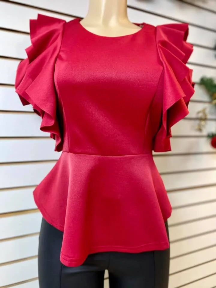 Red Ruffled Short Sleeve Top