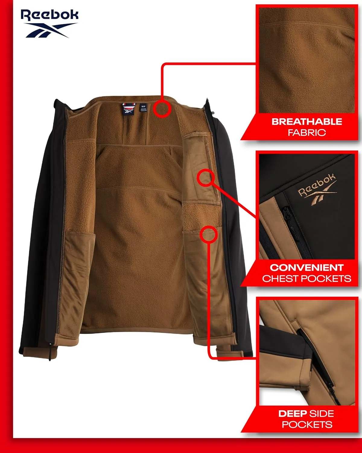 Reebok Men's Jacket - Weather Resistant Fleece Lined Softshell Jacket Coat - Lightweight Casual Coat for Men (M-XXL)