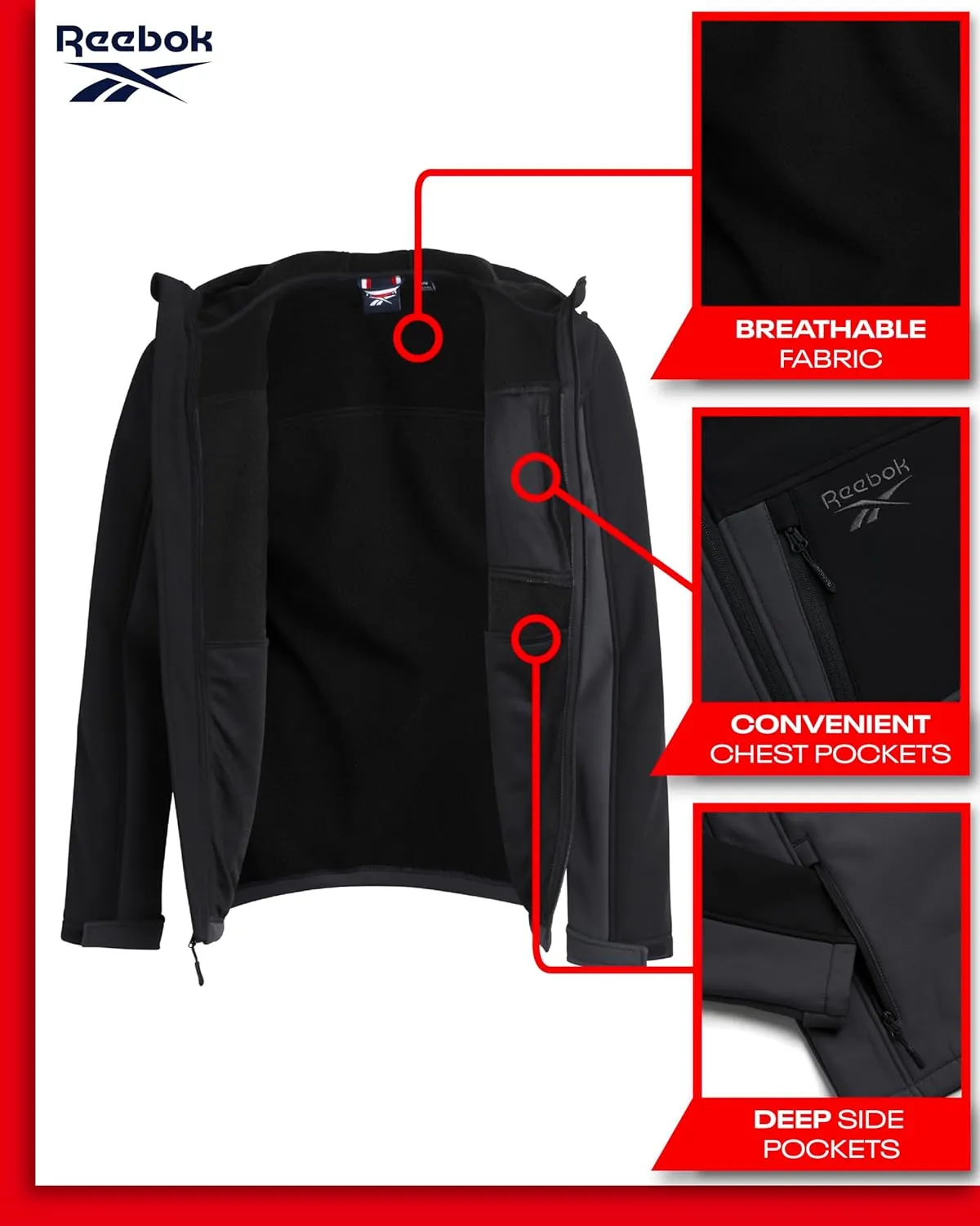 Reebok Men's Jacket - Weather Resistant Fleece Lined Softshell Jacket Coat - Lightweight Casual Coat for Men (M-XXL)
