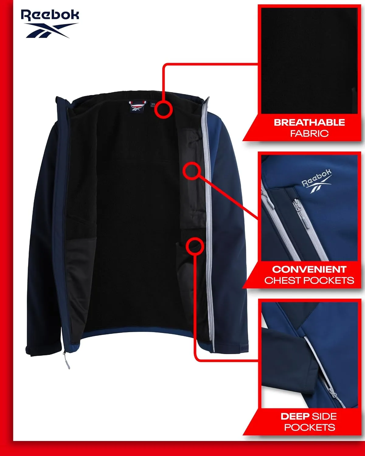 Reebok Men's Jacket - Weather Resistant Fleece Lined Softshell Jacket Coat - Lightweight Casual Coat for Men (M-XXL)