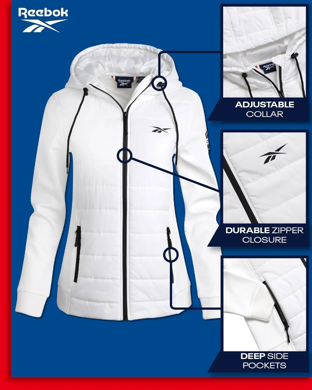 Reebok Women's Jacket - Lightweight Quilted Puffer Parka Coat with Flex Stretch Panels  Casual Jacket for Women (S-XL)
