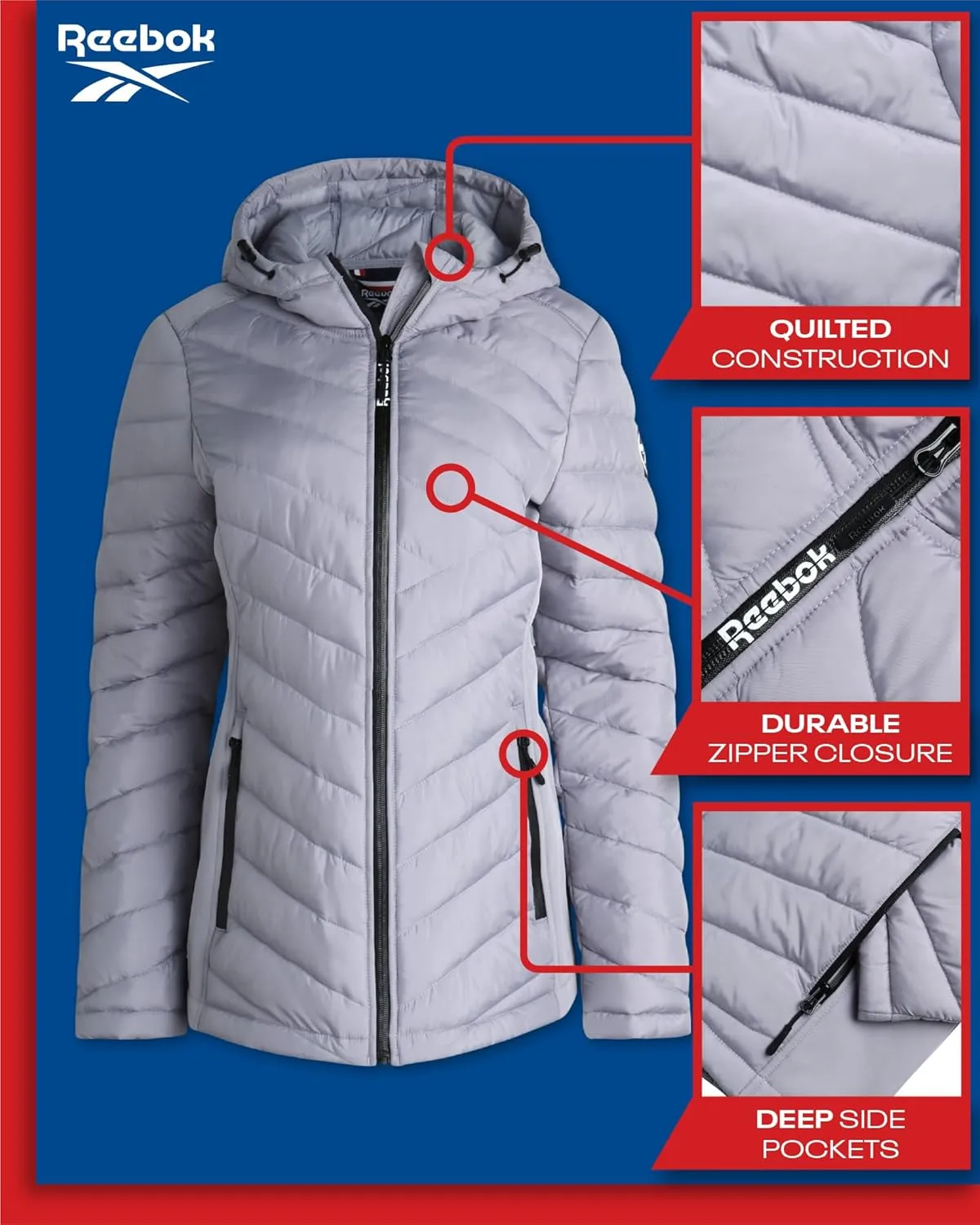 Reebok Women's Jacket - Lightweight Quilted Puffer Parka Coat with Flex Stretch Panels  Casual Jacket for Women (S-XL)