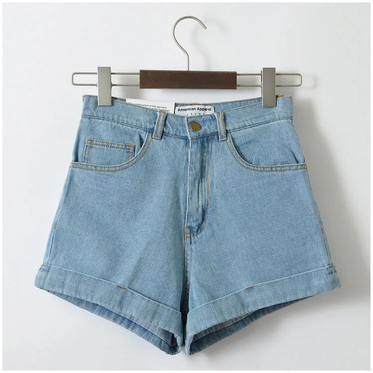 Retro Style High Waist Pure Color Denim Slim Shorts