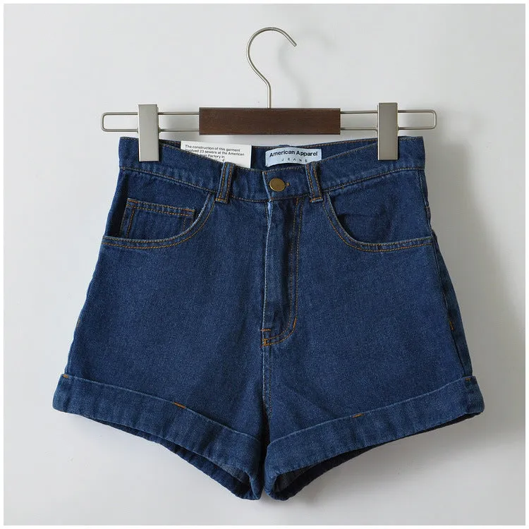Retro Style High Waist Pure Color Denim Slim Shorts