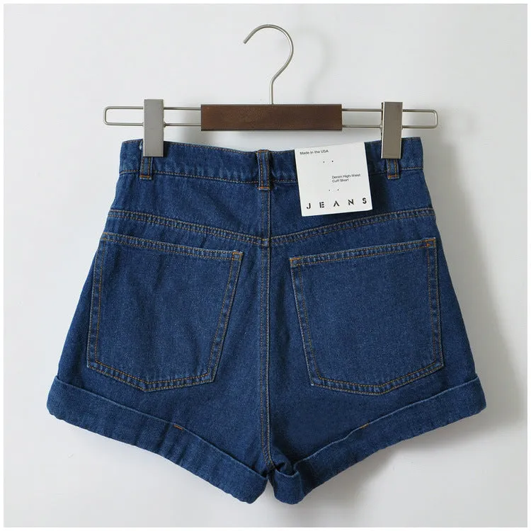 Retro Style High Waist Pure Color Denim Slim Shorts