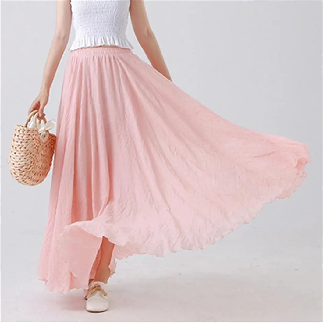 Rfmfkkg Womens Cotton Linen Maxi Skirt Casual Elastic High Waist Pleated A-Line Beach Skirts Boho