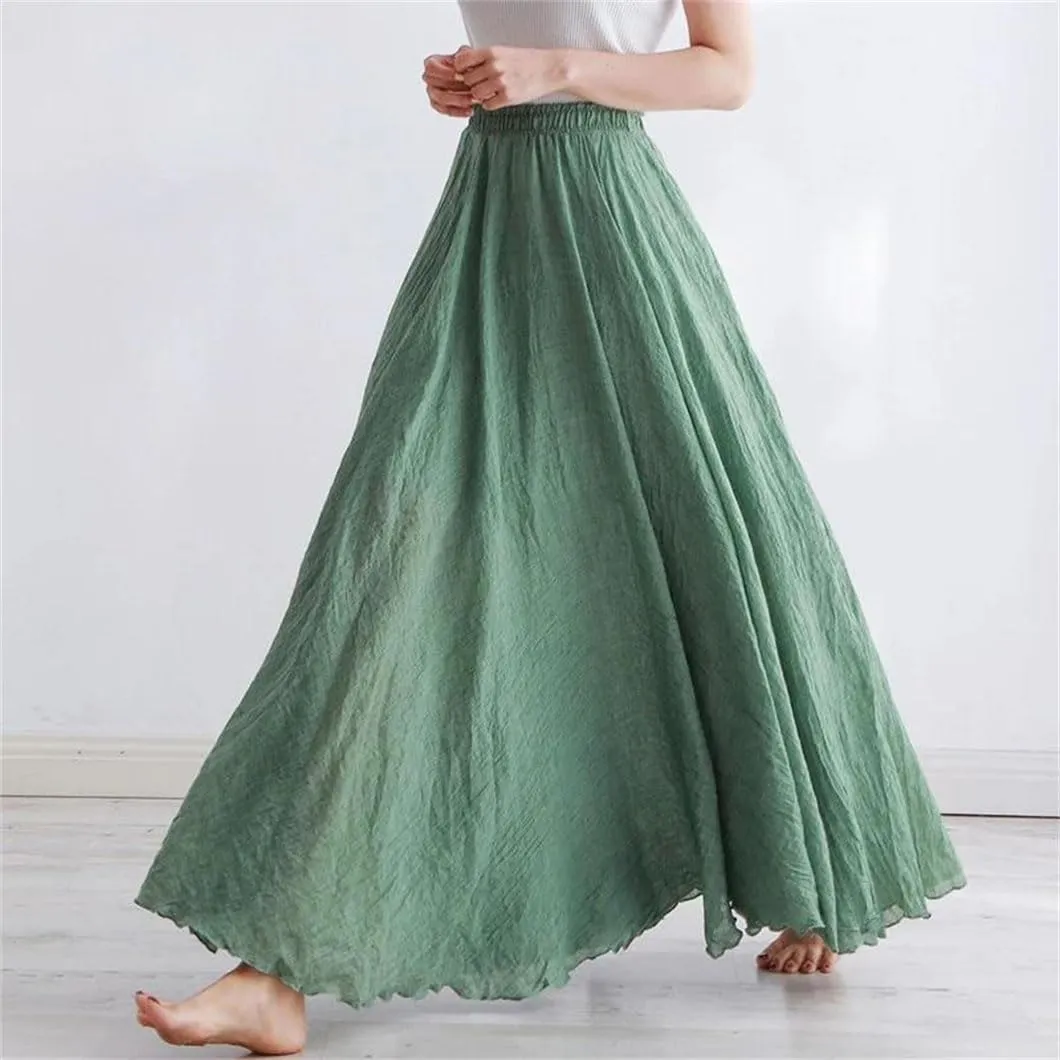 Rfmfkkg Womens Cotton Linen Maxi Skirt Casual Elastic High Waist Pleated A-Line Beach Skirts Boho